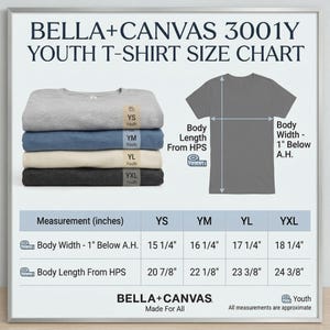 May include: A size chart for Bella+Canvas 3001Y youth t-shirts. The chart shows measurements in inches for body width and length for sizes YS, YM, YL, and YXL. The image includes a stack of folded t-shirts in various colors and a gray t-shirt graphic.