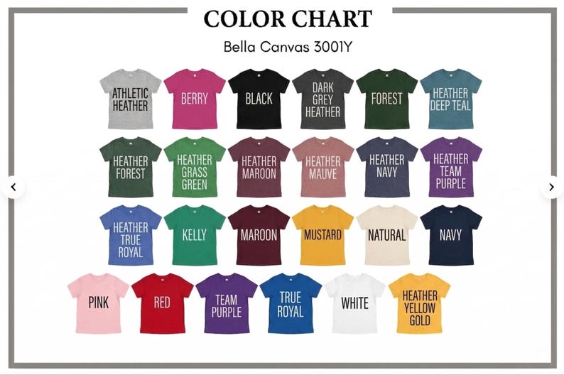 May include: Color chart of Bella Canvas 3001Y t-shirts in various colors, including Athletic Heather, Berry, Black, Dark Grey Heather, Forest, and Heather Deep Teal. Each shirt displays its color name in a bold, white font.
