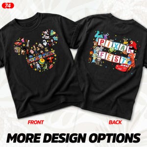 Puede incluir: Camisetas negras con un dise&ntilde;o de Pixar Fest. La parte delantera presenta una forma de cabeza de Mickey Mouse llena de personajes de Pixar y el texto "Pixar Fest". La parte trasera muestra varios personajes de Pixar y el texto "Pixar Fest".