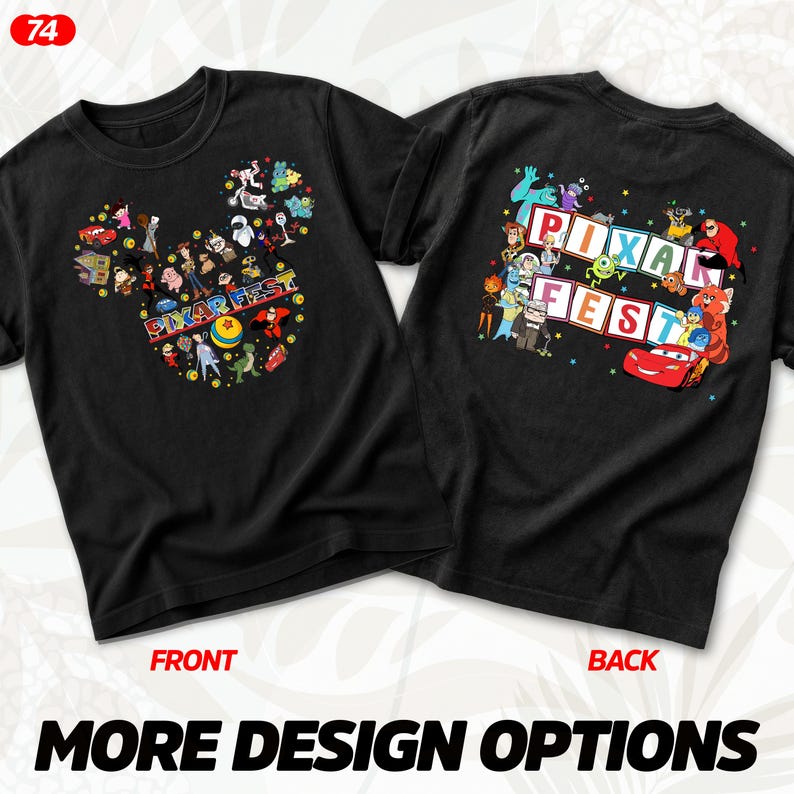 Puede incluir: Camisetas negras con un dise&ntilde;o de Pixar Fest. La parte delantera presenta una forma de cabeza de Mickey Mouse llena de personajes de Pixar y el texto "Pixar Fest". La parte trasera muestra varios personajes de Pixar y el texto "Pixar Fest".