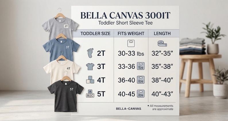 May include: Four toddler short sleeve tees in gray, blue, cream, and charcoal, each labeled with a size from 2T to 5T. A size chart details weight and length measurements in inches for each size. The brand is Bella Canvas.