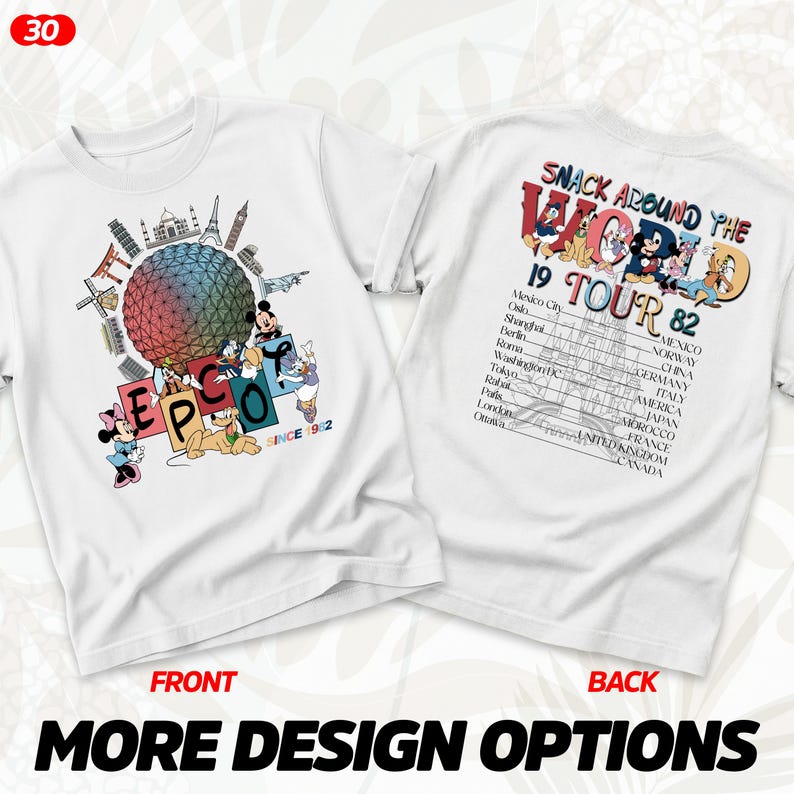 Puede incluir: Camisetas blancas con un colorido dise&ntilde;o de EPCOT con Mickey Mouse, Minnie Mouse, el Pato Donald y Goofy. La parte trasera de la camiseta dice "Snack Around the World Tour 82" con una lista de ciudades.