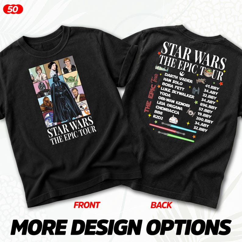 Puede incluir: Camisetas negras con el texto "STAR WARS THE EPIC TOUR" en la parte delantera y trasera. La parte delantera presenta un collage de personajes de Star Wars, mientras que la parte trasera enumera personajes y fechas. Las camisetas son de estilo cuello redondo cl&aacute;sico.