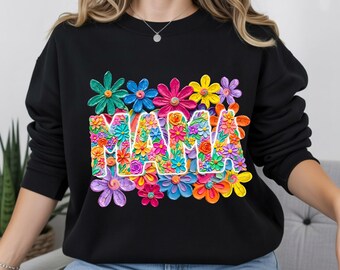 3D Effect Floral MAMA Sweatshirt, Colorful Flower Mom Shirt, Vibrant Botanical Print Crewneck, Mother's Day Gift, Trendy Boho Mom Apparel