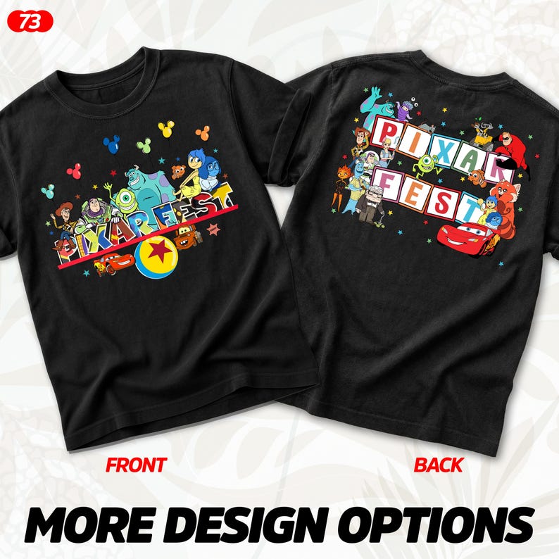 Puede incluir: Camisetas negras con un colorido dise&ntilde;o de Pixar Fest. La parte delantera de la camiseta presenta varios personajes de Pixar y el logotipo de Pixar Fest. La parte trasera de la camiseta tambi&eacute;n tiene un dise&ntilde;o de Pixar Fest con m&uacute;ltiples personajes y el logotipo.