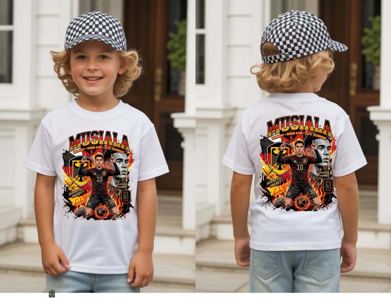 Puede incluir: Camiseta blanca con un gr&aacute;fico de un jugador de f&uacute;tbol, el nombre "MUSIALA" y el n&uacute;mero 10. El dise&ntilde;o incorpora la bandera alemana. El ni&ntilde;o lleva una gorra de b&eacute;isbol a cuadros blancos y negros.