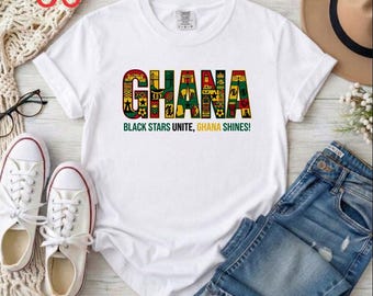 Camiseta de fútbol de Ghana, camiseta del orgullo ghanés, recuerdo de Accra, ropa de las Estrellas Negras, regalo para aficionados al fútbol, herencia africana, Ghana brilla