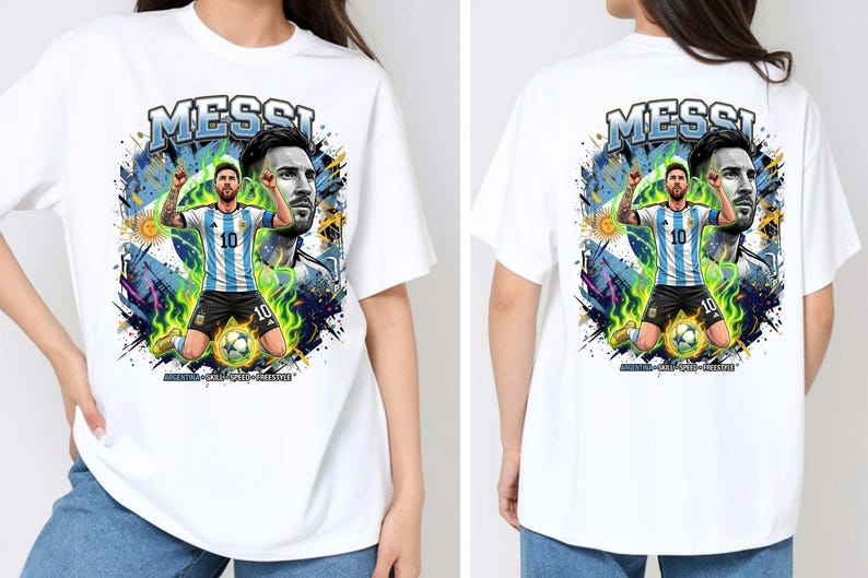 Puede incluir: Camiseta blanca con un gr&aacute;fico de un jugador de f&uacute;tbol con una camiseta a rayas azules y blancas, con la palabra "MESSI" encima. El dise&ntilde;o incluye un retrato del jugador y el texto "ARGENTINA - GOLD - PRIDE - PASSION".
