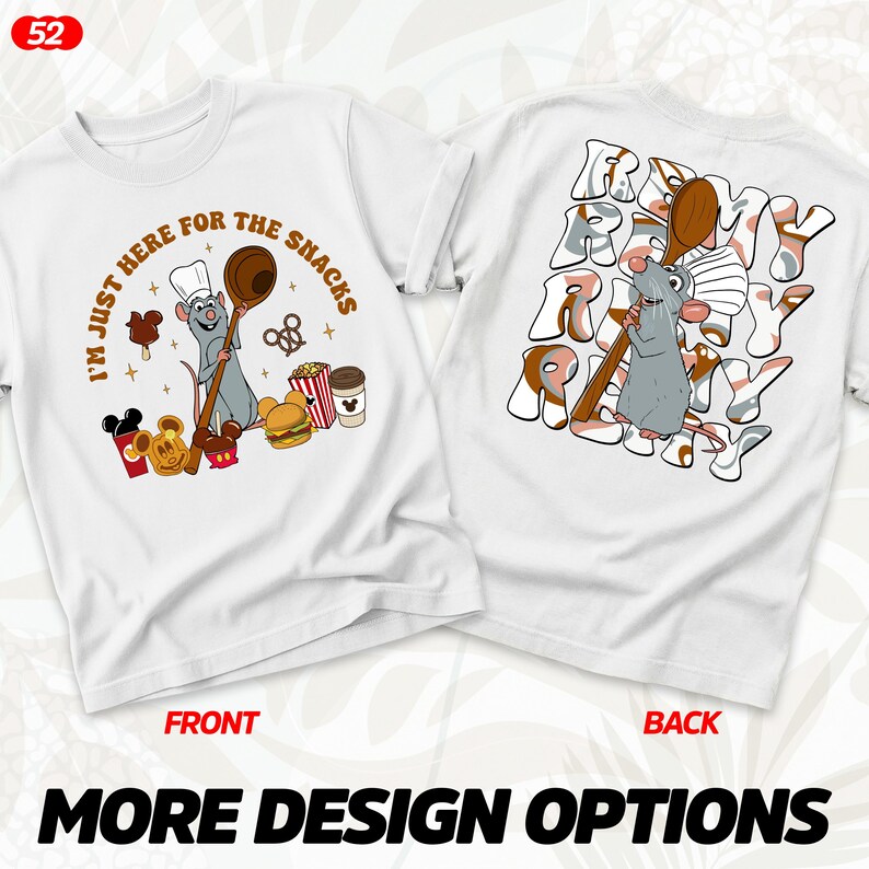 Puede incluir: Camisetas blancas con un dise&ntilde;o de chef de rat&oacute;n de dibujos animados. La parte delantera dice "I'M JUST HERE FOR THE SNACKS" con ilustraciones de comida. La parte trasera dice "BE MY READY".