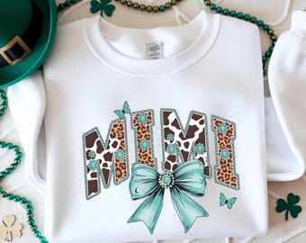 Sudadera Leopard Bow Mama, Camiseta personalizada para abuela, Suéter Gigi Nana Mimi Mom, Western Coquette Mama, Regalo del Día de la Madre, Ropa linda para mamá