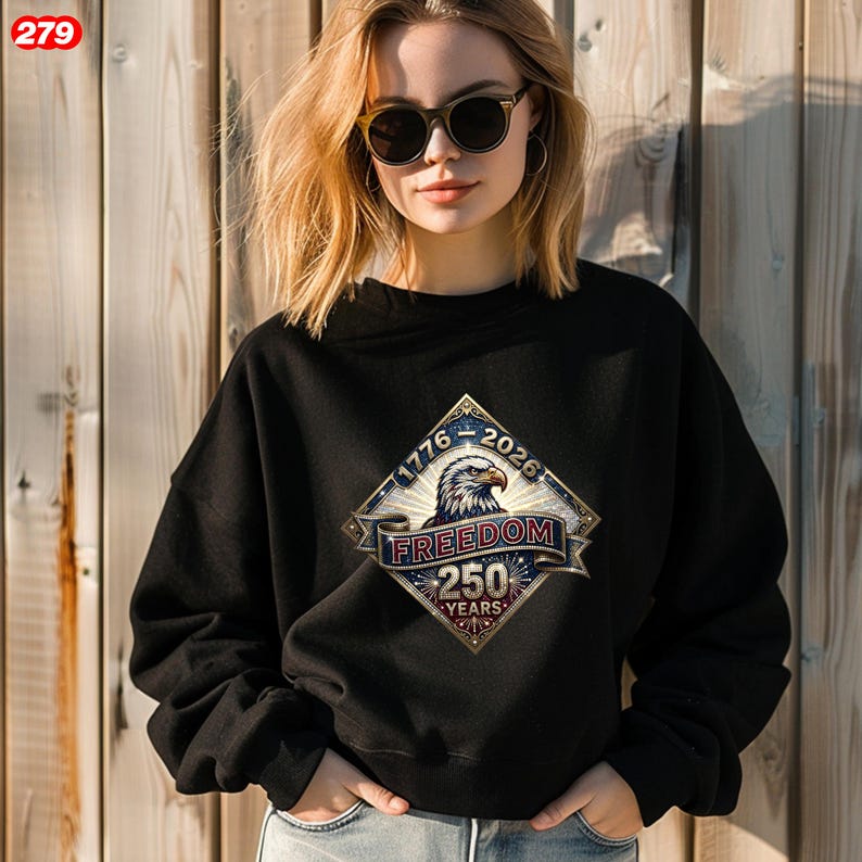 Pode incluir: Camisola preta com um design patri&oacute;tico de &aacute;guia e o texto "Freedom 250 Years", com os anos 1776-2026. O design usa azul, dourado e branco. A camisola &eacute; usada por uma pessoa.