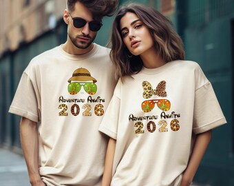Adventure Awaits 2026 Couples Disney Shirt, Safari Mickey Minnie Tee, Matching Disney Trip Shirt, Animal Print Family Vacation