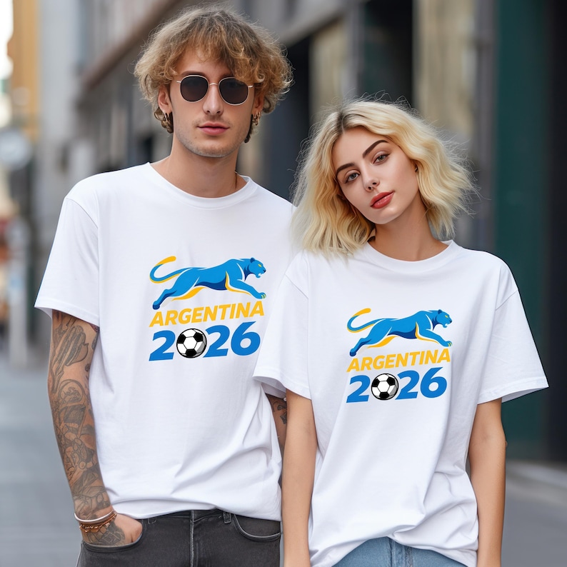 May include: White t-shirts with a blue jaguar graphic, the word "ARGENTINA", a soccer ball, and the number "2026". The shirts are short-sleeved and worn by two people. The background is a blurred city street.