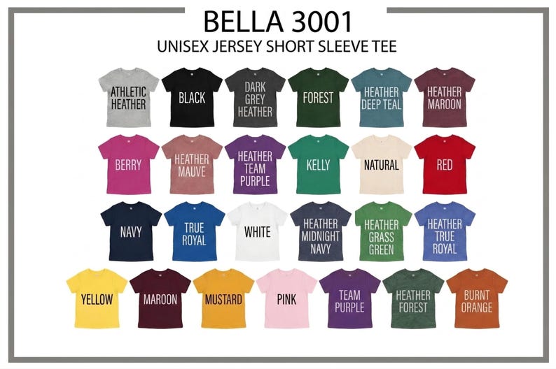 May include: A display of Bella 3001 unisex short sleeve tees in various colors. Colors include black, red, navy, and yellow. Each shirt has a color name printed on it in a contrasting color. The image is well-lit and shows the shirts in a grid.