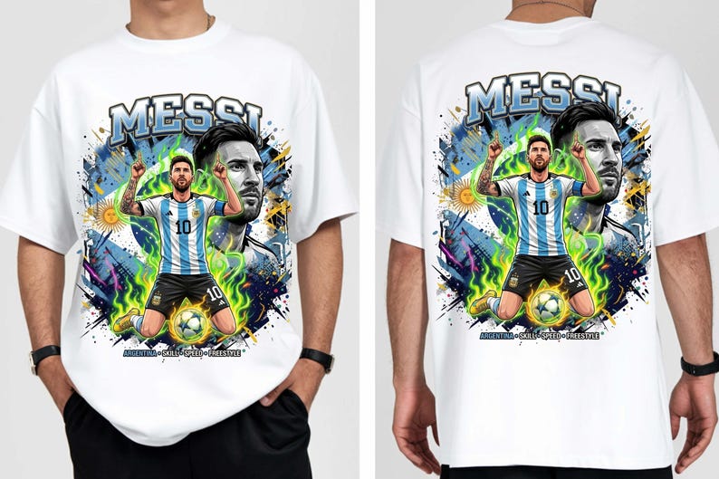 Puede incluir: Camiseta blanca con un gr&aacute;fico vibrante de un futbolista con una camiseta a rayas azules y blancas, con el nombre "MESSI" arriba. El dise&ntilde;o incluye un retrato y el texto "ARGENTINA - SKILL - SPEED - FREESTYLE".