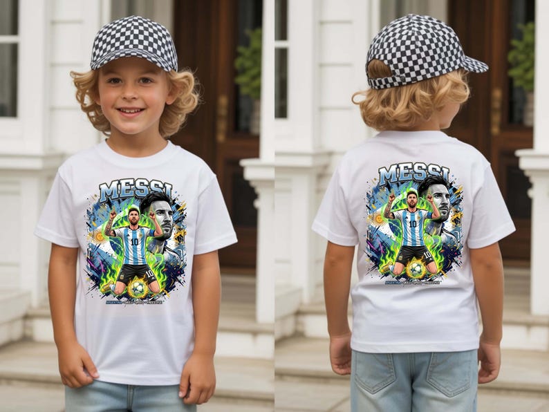 Puede incluir: Camiseta blanca con un gr&aacute;fico de un jugador de f&uacute;tbol y el nombre "MESSI" encima de la imagen. El jugador lleva una camiseta a rayas azules y blancas. El ni&ntilde;o tambi&eacute;n lleva una gorra de b&eacute;isbol a cuadros blancos y negros.