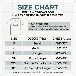 May include: Size chart for Bella + Canvas 3001 unisex jersey short sleeve tee. Includes chest measurements in inches for sizes S to 3XL. Instructions on how to measure chest are also included.