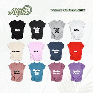 Pode incluir: Um gr&aacute;fico de cores exibindo v&aacute;rias cores de camisetas, incluindo preto, branco, vermelho e rosa. O gr&aacute;fico tamb&eacute;m mostra cores mescladas como cinza, marinho, malva, verde-azulado, marrom e roxo. O texto "Alf Tee" e "T-SHIRT COLOR CHART" s&atilde;o vis&iacute;veis.