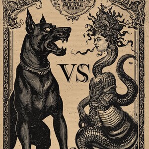 Puede incluir: Ilustración en blanco y negro que muestra un perro gruñendo frente a una figura similar a Medusa. La palabra "VS" está centrada entre ellos. La obra de arte está enmarcada con bordes ornamentados y elementos decorativos.