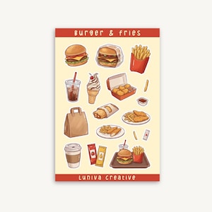Könnte beinhalten: Ein Stickerbogen mit Illustrationen von Fast-Food-Artikeln. Der Bogen enthält Burger, Pommes Frites, ein Erfrischungsgetränk, Eiscreme, Chicken Nuggets, eine Kaffeetasse und mehr. Der Text "Burger & Fries" und "Luniva Creative" sind ebenfalls vorhanden.