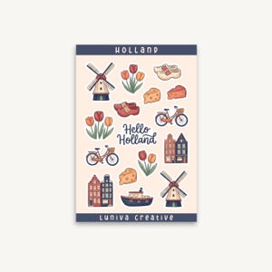 Op de afbeelding: Een stickervel met illustraties van Nederlandse iconen zoals windmolens, tulpen, fietsen, grachtenpanden, klompen, kaas en een boot. De tekst luidt HOLLAND, Hello Holland en Luniva Creative in een donkerblauw lettertype op een lichte achtergrond.
