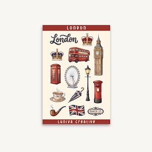Könnte beinhalten: Illustration mit London-Motiven, darunter ein roter Doppeldeckerbus, Big Ben, eine Telefonzelle und das London Eye. Das Wort "London" steht oben, mit der Flagge des Vereinigten Königreichs und einem "Baker St." Schild. Unten steht "Luniva creative".