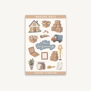 Peut inclure: Une planche d'autocollants intitulée Moving Days et New Beginnings avec des illustrations d'une maison, de cartons, d'un camion de déménagement, d'une lampe, d'une boîte à pizza, d'un cadre, d'une plante, d'un portant et d'une liste.
