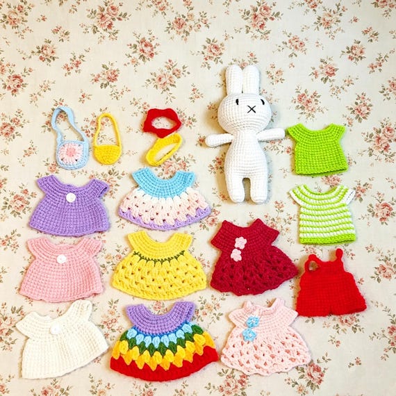 Crochet Miffy Colorful Dress Set Plush Little Bunny Doll Handmade Plushies Cute Gift Birthday Gift for Kids Toy Lovely Sleep Gift