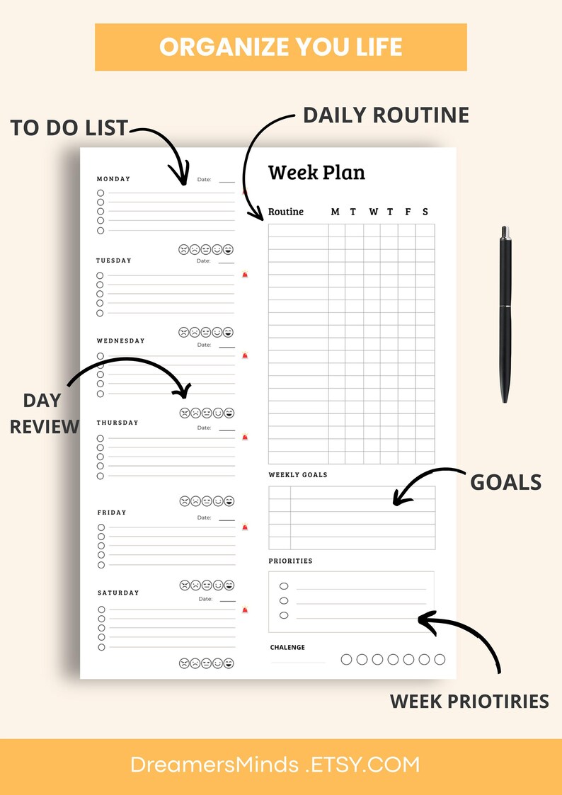 Minimalist Weekly Planner, Routine Tracker, Goal Setting (instant ...