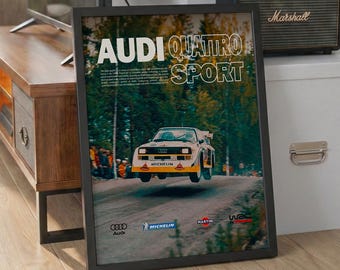 Descarga digital de Audi Quattro, arte de rally del Grupo B, arte mural imprimible vintage del WRC, decoración para el hogar, regalo para aficionados a los coches, impresión del Audi Sport S1