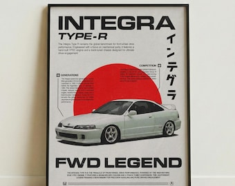 Póster Integra Type R / Arte mural de coches JDM / Impresión del Honda DC2 Type-R / Arte automotriz japonés / Regalo para entusiastas de los coches legendarios de tracción delantera / Decoración de garaje