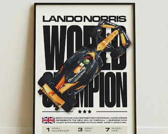 Póster de campeón del mundo Lando Norris / Arte mural de Fórmula 1 de McLaren / Decoración de coches de carreras / Regalo de F1 para novio / Impresión de Fórmula 1 MCL38