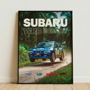 Subaru Impreza WRC Rally Poster, Retro JDM Wall Art, Vintage Motorsport Print, Flying Rally Car Decor, Gift for Racing Fans & Petrolheads