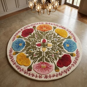 Handmade Tufted Wool Round Rug,Floral Area Rug,Colorful Flower Carpet,Hand Tufted Wool Rug,Botanical LivingRoom Rug,Aesthetic Home Decor Rug