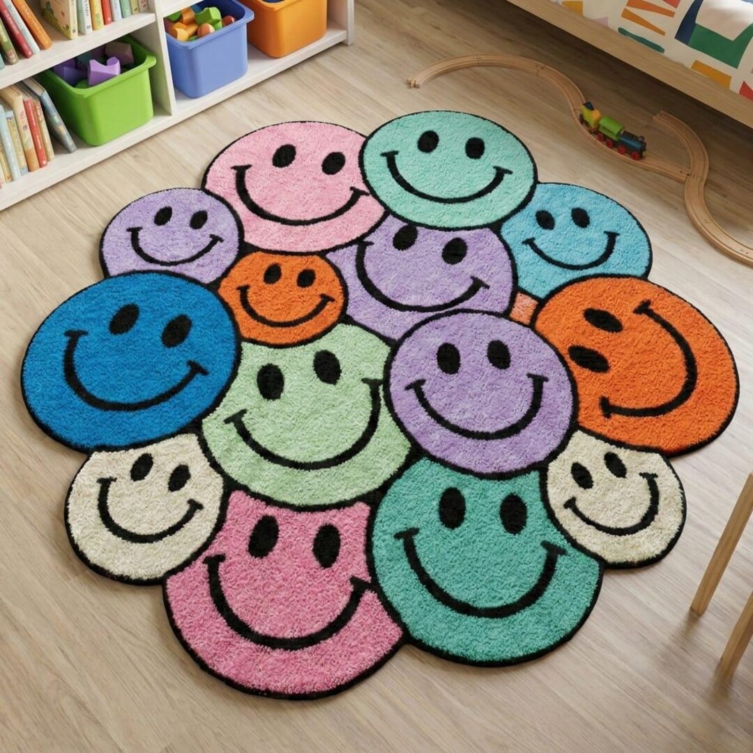 Colorful Smiley Face Rug for Kids Room – Cute Happy Face Area Carpet ...