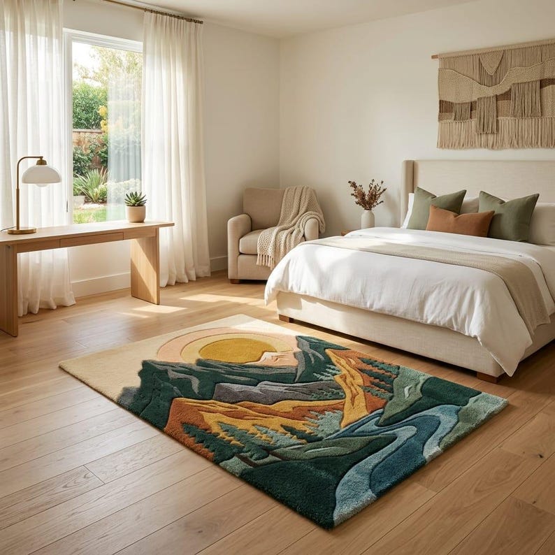 May include: A rectangular area rug with a mountain landscape design. The rug features a sun, mountains, trees, and a river in shades of green, blue, orange, and yellow. The rug is placed on a hardwood floor in a bedroom.
