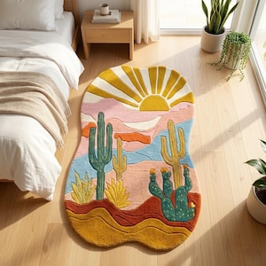 Hand Tufted Desert Sunset Rug, Cactus Landscape Tufted Rug, Handmade Wool Area Rug, Boho  Decor Rug, Aesthetic Art Carpet, Living Room Rug