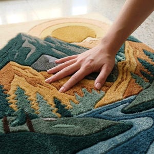 May include: A hand rests on a colorful, tufted rug depicting a mountain landscape. The rug features a sunset, mountains, trees, and a river in shades of yellow, orange, green, blue, and gray. The rug's texture is visible.