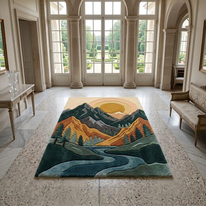 May include: A rectangular area rug featuring a mountain landscape design. The rug depicts a river, mountains, and a setting sun in shades of blue, green, orange, and yellow. The rug is placed on a marble floor in a large room.