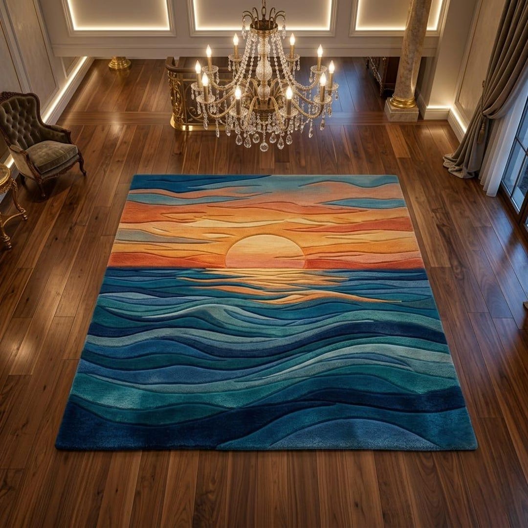 Ocean Look Rug Handmade Tufted Sunset Ocean Rug, Abstract Searug, Modern Coastal Area ...