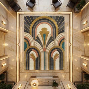 May include: An overhead view of a large, rectangular Art Deco rug with a symmetrical design. The rug features a color palette of black, gold, teal, pink, and cream. The rug is mounted on a marble wall, and the room has a luxurious, modern aesthetic.