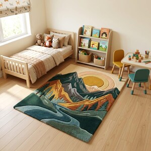 May include: A children's bedroom scene featuring a mountain-themed rug with green, blue, and orange hues. The room includes a wooden bed, a bookshelf with books, a small table with chairs, and stuffed animals.