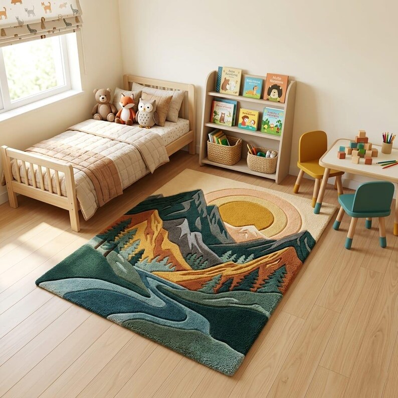 May include: A children's bedroom scene featuring a mountain-themed rug with green, blue, and orange hues. The room includes a wooden bed, a bookshelf with books, a small table with chairs, and stuffed animals.