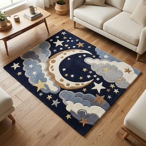 Handmade Tufted Moon & Stars Rug, Celestial Nursery Rug, Kids Room Star Carpet,Crescent Moon Cloud Rug,Aesthetic Bedroom Rug,Tufted Area Rug