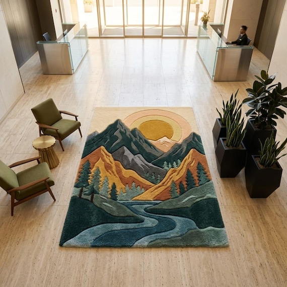 Hand Tufted Mountain Landscape Rug, Sunset Nature Rug, Scenic River Rug, Modern Boho Area Rug, Handmade Wool Carpet Decor