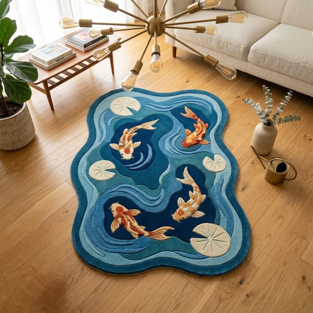 Handmade Koi Fish Rug -tufted Wool Pond Rug, Koi Carpet,aesthetic Blue ...