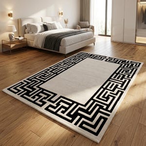 Hand Tufted Wool Rug, Black White Geometric Border Rug, Modern Minimalist Area Rug, Maze Pattern Carpet, Custom Size Living Room Rug