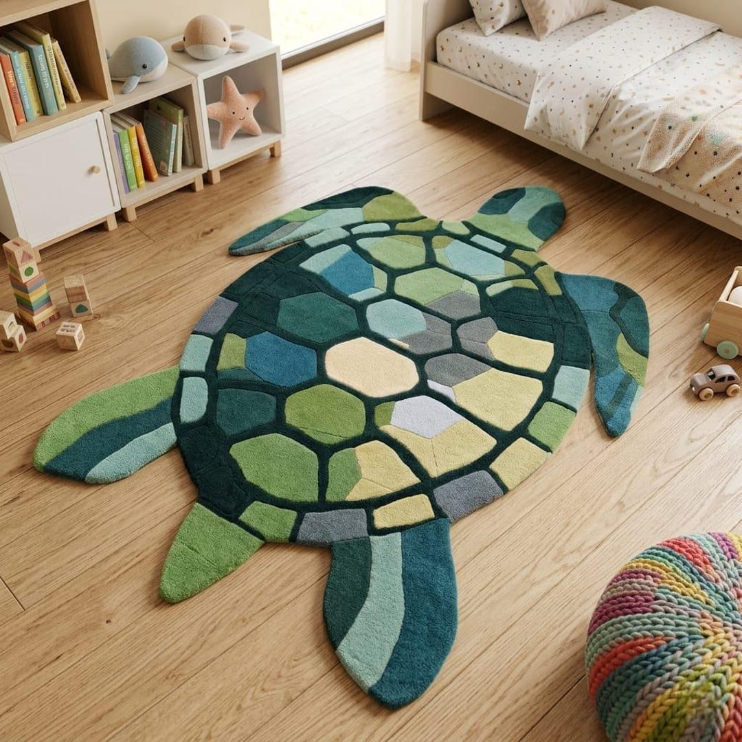 Handmade Turtle Tufted Rug, Green Sea Turtle Area Rug, Ocean Inspired ...