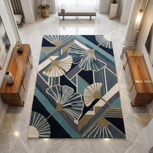 Hand Tufted Ginkgo Leaf Rug, Art Deco  Area Rug, Navy Blue Gold Modern Rug,Handmade Wool Tufted Carpet,Luxury Living Room Rug, Bedroom Decor