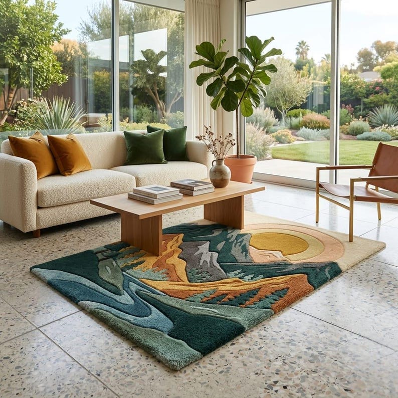 May include: A colorful area rug with a mountain and sun design. The rug features shades of green, blue, orange, and yellow. The rug is placed in a living room with a cream-colored sofa, wooden coffee table, and large windows.